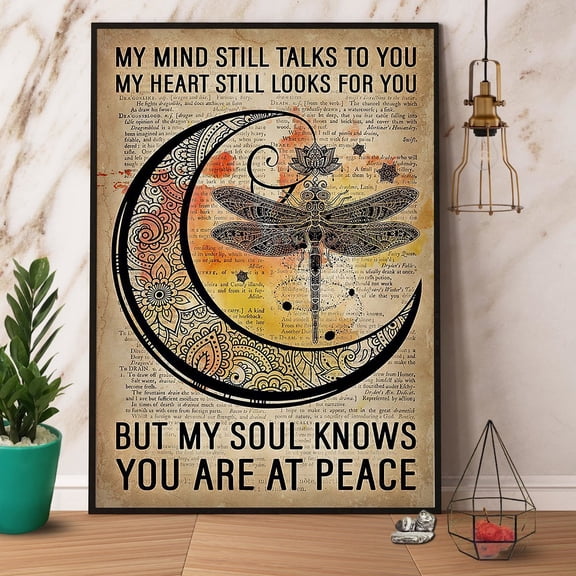 Dragonfly Moon My Soul Knows You Are At Peace Vintage Satin Poster Wall Art Decor 11 x 17 Inch Poster