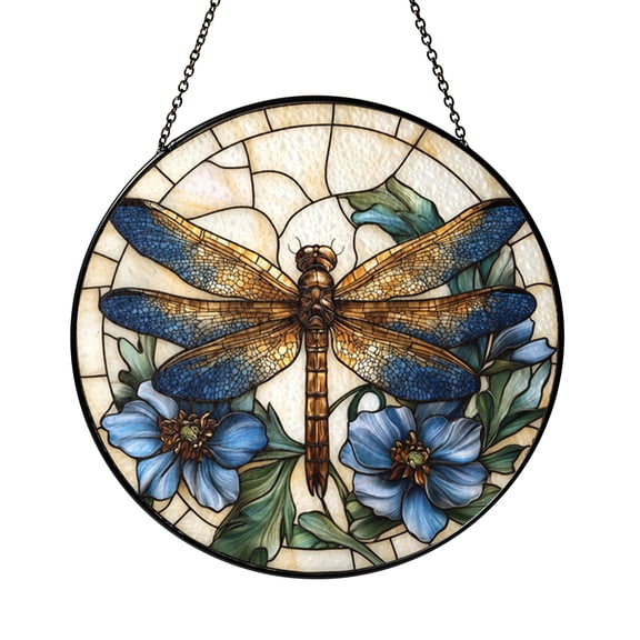 Dragonfly Moon Stained Glass Style Suncatcher, Window Hanging Decor Featuring Dragonfly Silhouette Over Crescent Moon Night Sky