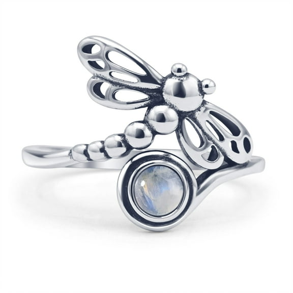 Dragonfly Moonstone Oxidized Round Ring 925 Sterling Silver size 5