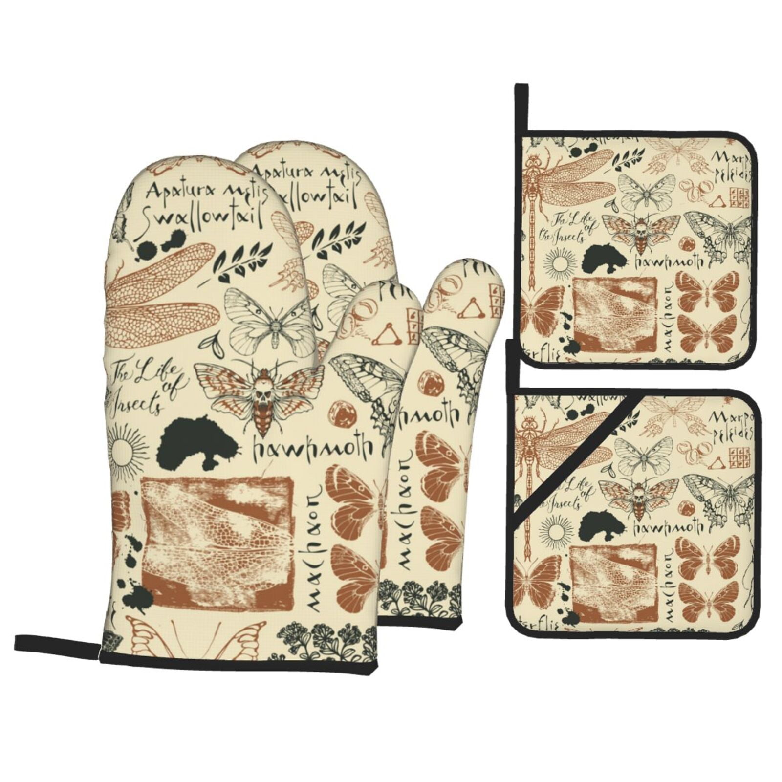 Dragonfly Moth Vintage Butterfly 4Pcs Oven Mitts and Pot Holders Sets Oven Kitchen Gloves Hot Pads for Cooking BBQ Baking Grilling