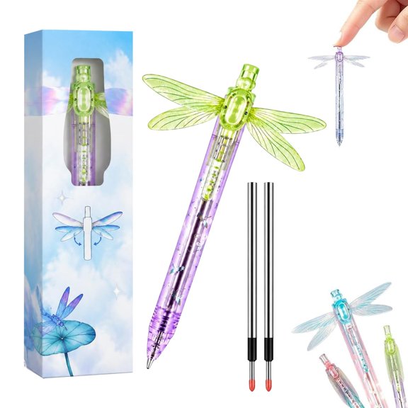 Dragonfly Moving Retractable Gel Pen Set With Color Box And 2 Refills, 0.5Mm Translucent Barrel Writing Tool For Desk