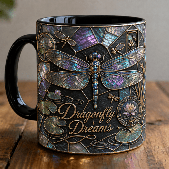 Dragonfly Mug 3D Effect Iridescent Mosaic Pond Leaves Gift for Nature Lovers