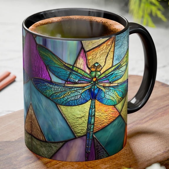 Dragonfly Mug Stained Glass Coffee Cup - Colorful Insect Art Mug - Nature Lover Gift - Unique Ceramic 11oz & 15oz Boho Mug