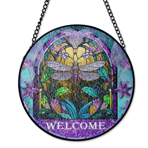Dragonfly Nature Lover Suncatcher, Stained Glass Style UV Printed Glass, Garden Insect Winged Decor, Round