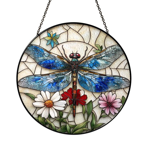 Dragonfly Nature Scene Stained Glass Effect Suncatcher, Serene Window Hanging Decor