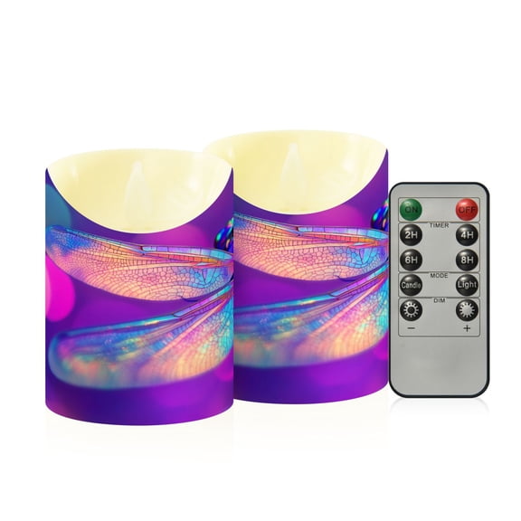 Dragonfly Neon Colored Flickering Flameless Candles with Remote Timer Battery Operated LED Tealight Set of 2 S