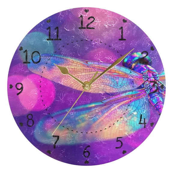 Dragonfly Neon Colored Round Wall Clock Silent Analog Battery Operated Gold Pointer Home Decor 9.84" Diameter