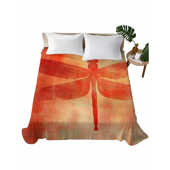 Dragonfly Orange Flat Sheets Only King Size, Soft Breathable Bed Top Sheets for Mattress, Abstract Modern Graffiti Painting Art Luxury Bedding Flat Sheets for Home Hotel Bedroom Bed Protection