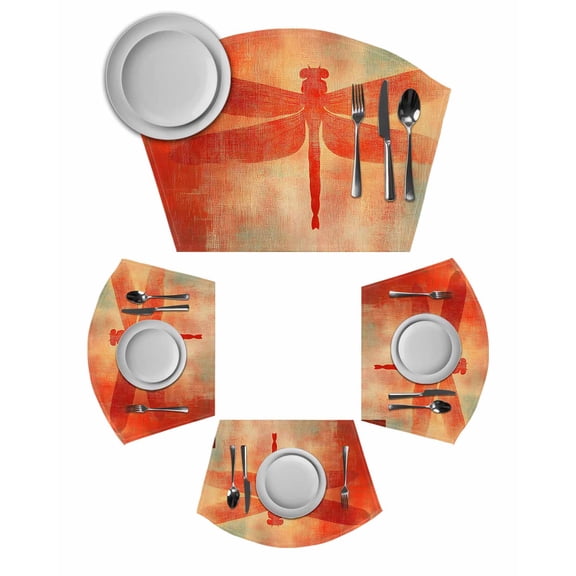 Dragonfly Orange Round Table Placemats Set of 2 Wedge Placemats, Abstract Modern Graffiti Painting Art Place Mats for Dining Table Set Washable Mats Kitchen Decor for Indoor Outdoor Wipe Clean