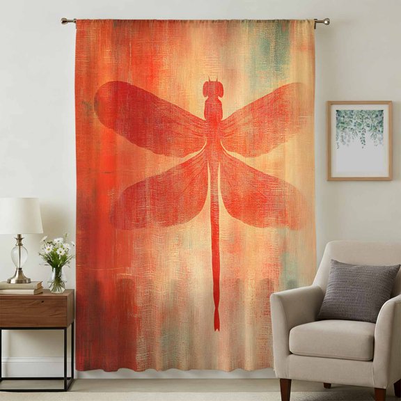 Dragonfly Orange Sheer Curtains 63 Inches Long, Abstract Modern Graffiti Painting Art Light Filering Curtains, Breathable Simi Curtain Privacy Drapes for Living Room Bedroom Window Treatment