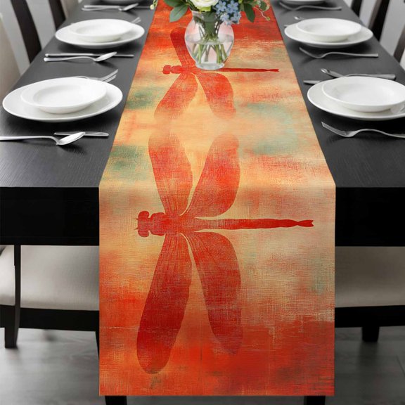 Dragonfly Orange Table Runner 72 Inches Long, Abstract Modern Graffiti Painting Art Kitchen Coffee Dining Table Decoration for Home Party Birthday Wedding Home Decor 13x72 Inches