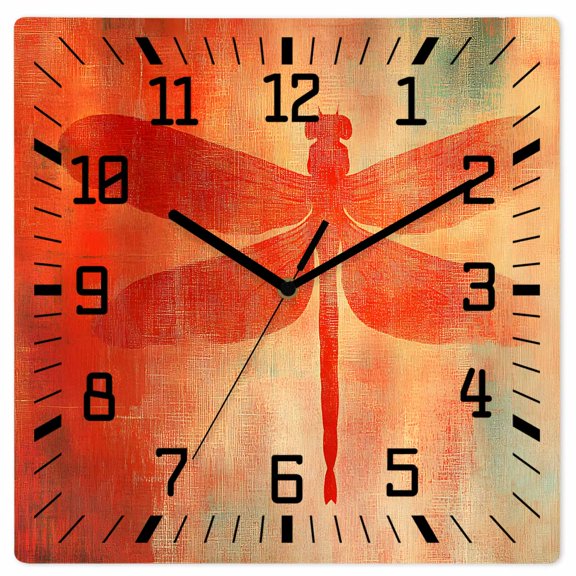 Dragonfly Orange Wooden Wall Clock Silent Non Ticking, Abstract Modern Graffiti Painting Art Square Wall Clocks Battery Operated, Decor Clock for Home Office, Living Room, Kitchen, 12 Inch