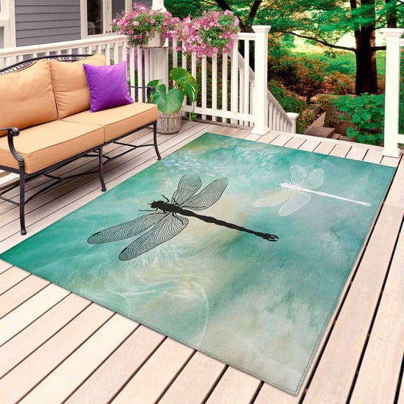 Dragonfly Outdoor Rug 3x5 Ft, Non Slip Washable Area Rug, Modern Abstract Gradient Teal Green Patio Rugs Carpet Runner, Large Floor Mat for Indoor/Outdoor Deck Porch Camping