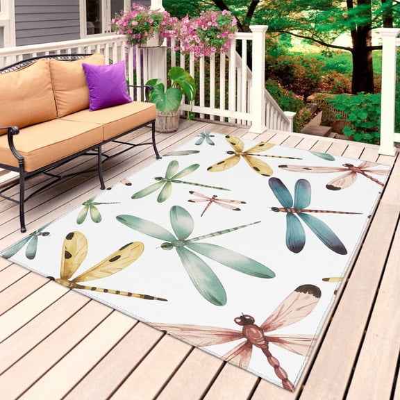 Dragonfly Outdoor Rug 4x6 Ft, Non Slip Washable Area Rug, Watercolor Colorful Nature Painting Art Patio Rugs Carpet Runner, Large Floor Mat for Indoor/Outdoor Deck Porch Camping