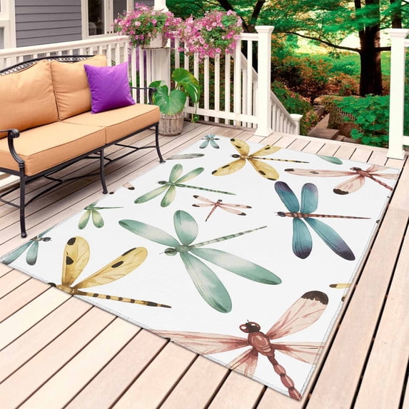Dragonfly Outdoor Rug for Patio/Deck/Porch, Non-Slip Large Area Rug 6 x 9 Ft, Watercolor Colorful Nature Painting Art Indoor Outdoor Rugs Washable Area Rugs, Reversible Camping Rug Carpet Runner