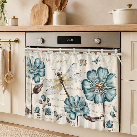 Dragonfly Oven Skirt Curtain for Door Art Teal Floral Blooming Wildflowers Retro Paper Texture Stove Cover with Ruffled Trim & Ribbon Ties, Appliance Cover for Dishwasher Cabinet 27x20 Inch