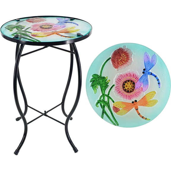 Dragonfly Patio Side Table, Small Patio Outdoor Side Table, Plant Table,Metal Glass End Table for Porch Garden Yard Pool.