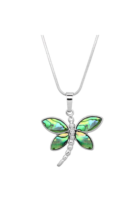 Dragonfly Pendant Necklace Abalone Shell Rhodium Plated 17 Inch Snake Chain J0809