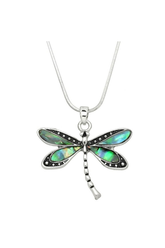 Dragonfly Pendant Necklace Earring Abalone Shell Rhodium Plated 17 Inch Snake Chain J0730