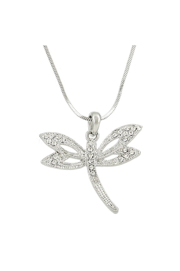 Dragonfly Pendant Necklace Rhinestone Crystal Rhodium High Polished J0308