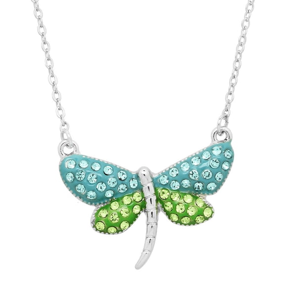 Dragonfly Pendant Necklace Rhinestone Crystal Rhodium Plated 17 Inch Link Chain J0693