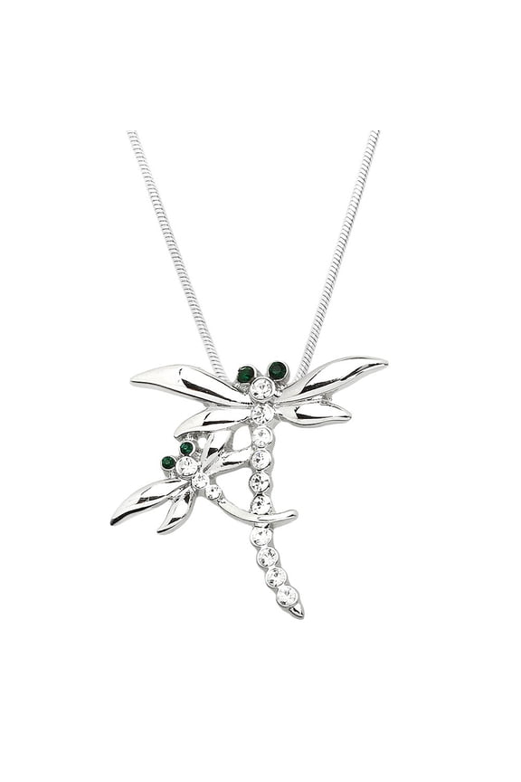 Dragonfly Pendant Necklace Rhinestone Crystal Rhodium Plated 17 Inch Snake Chain J0606
