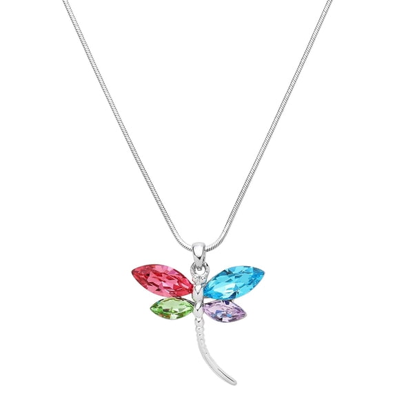 Dragonfly Pendant Necklace Rhinestone Crystal Rhodium Plated 17 Inch Snake Chain J1186