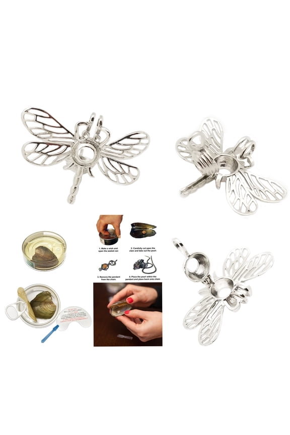 Dragonfly Pendant With 16" Necklace Love Pearl Kit, Unisex Teens and Adults, Silver Color