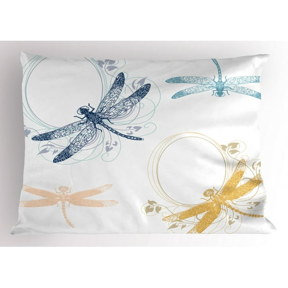 Dragonfly Pillow Sham Floral Spring Bugs Wings with Flower Petals Animal Nature Themed Artful Motif, Decorative Standard King Size Printed Pillowcase, 36 X 20 Inches, Multicolor, by Ambesonne