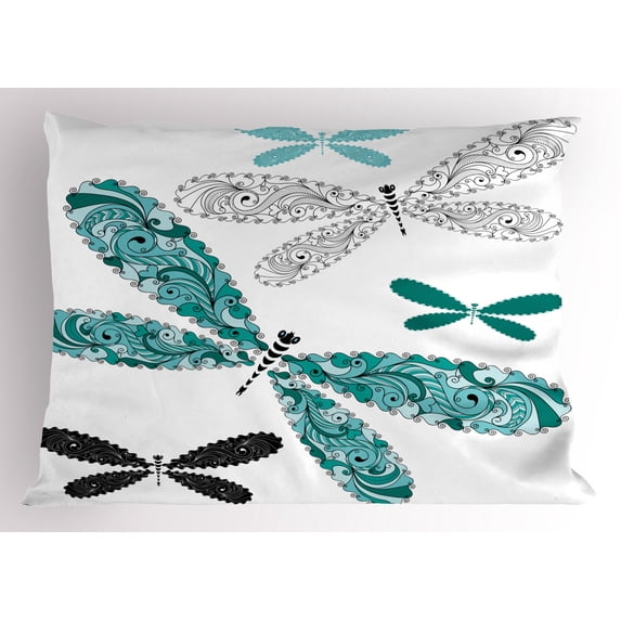 Dragonfly Pillow Sham Ornamental Dragonfly Figures with Lace and Damask Effects Artsy Image, Decorative Standard Queen Size Printed Pillowcase, 30 X 20 Inches, Teal Turquoise Black, by Ambesonne