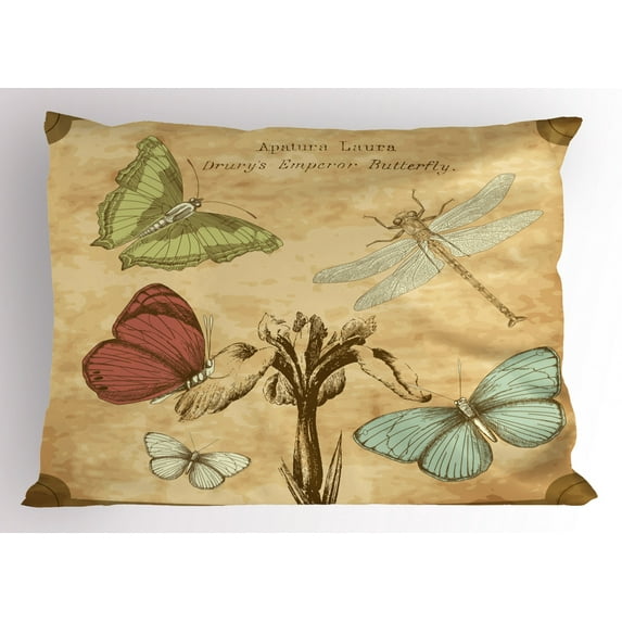Dragonfly Pillow Sham Retro Style Butterflies with Flower Petals and Grunge Effects Artwork, Decorative Standard King Size Printed Pillowcase, 36 X 20 Inches, Sand Brown Caramel, by Ambesonne