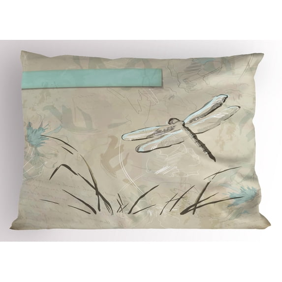 Dragonfly Pillow Sham Romantic Vintage Sketch in Pastel Grass Birthday Grunge Grass Botany Artwork, Decorative Standard King Size Printed Pillowcase, 36 X 20 Inches, Seafoam Tan, by Ambesonne