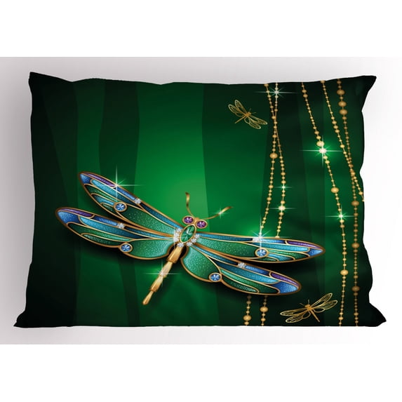 Dragonfly Pillow Sham Vivid Figures in Gemstone Crystal Diamond Shapes Graphic Artsy Effects, Decorative Standard Queen Size Printed Pillowcase, 30 X 20 Inches, Gold Hunter Green, by Ambesonne