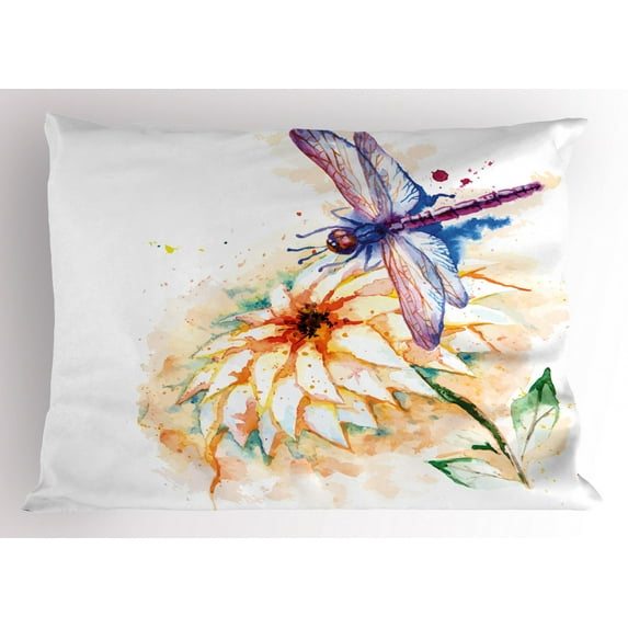 Dragonfly Pillow Sham Watercolor Stylized Lily Flower and Flying Bug over it Nature Spring Theme Print, Decorative Standard King Size Printed Pillowcase, 36 X 20 Inches, Multicolor, by Ambesonne