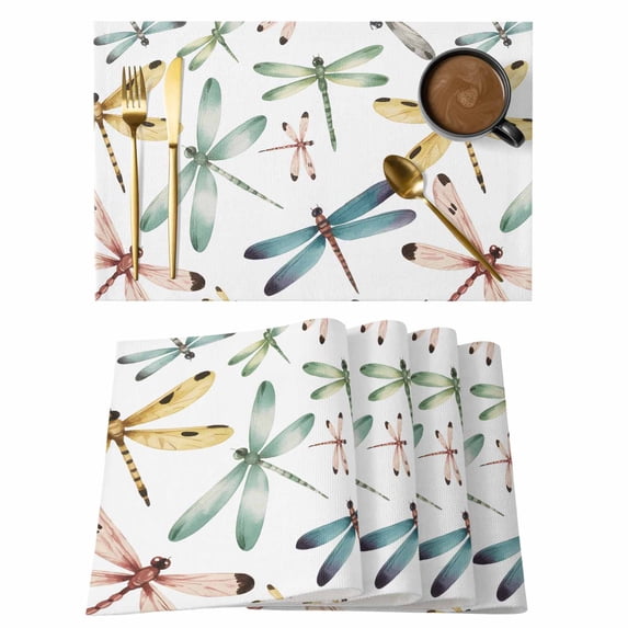 Dragonfly Placemats Set of 6, Watercolor Colorful Wings Flying Non-Slip Place Mats Washable Table Mats for Kitchen Dining Table Decorations Indoor/Outdoor