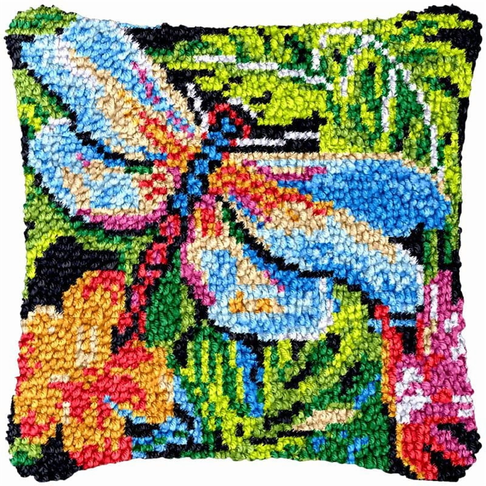 Dragonfly & Plants Latch Hook Pillowcase Kits for Adults and Starter DIY Cushion Cross Stitch Latch Hook Rug Kits with Preprinted Canvas Crochet Yarn Kits Needlework Crafts 17'' X 17''