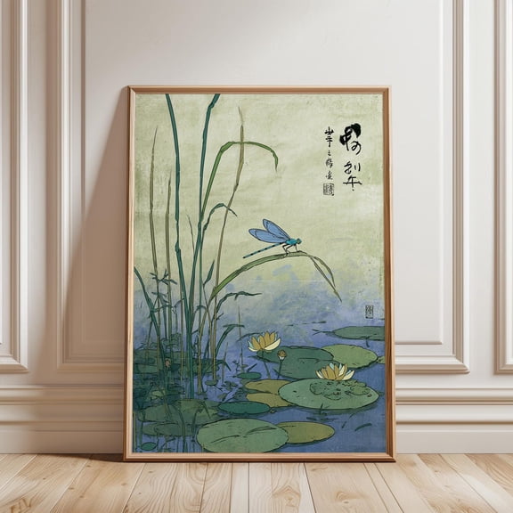 Dragonfly Pond Japanese Blue Poster, Unframed Paper Poster 8x10in
