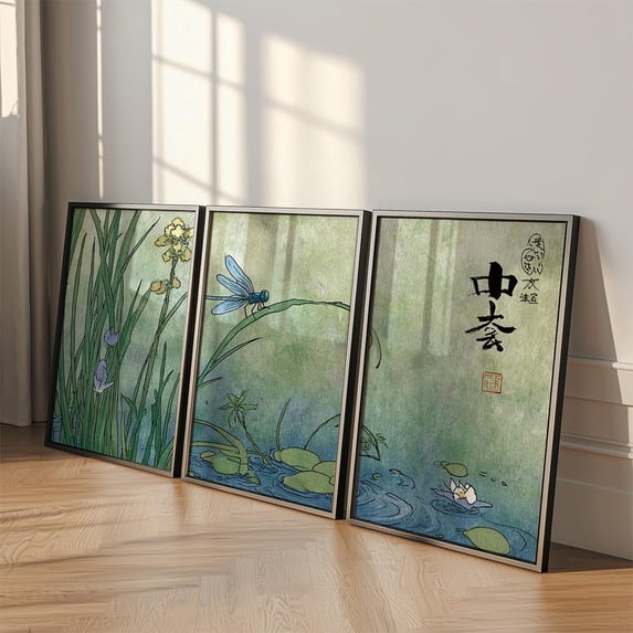 Dragonfly Pond Japanese Watercolour Art Home Decor Office Wall Art Set