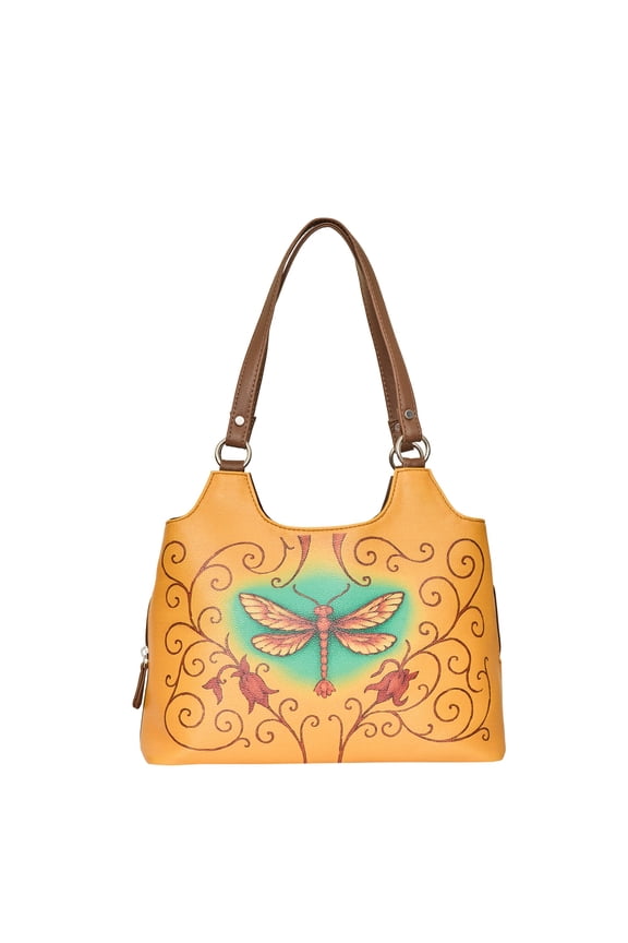 Dragonfly Print Genuine Leather Shoulder Tote Bag for Ladies  Top Handle Handbag Purse for Everyday, Work & Travel