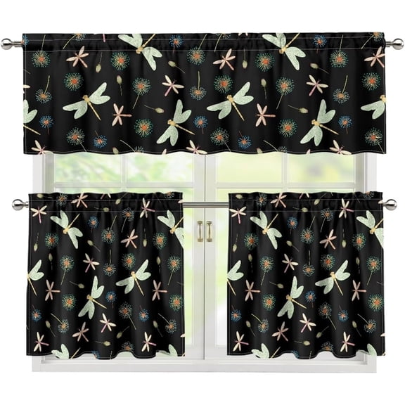 Dragonfly Print Kitchen Window Curtains Valance and Tier Set, 3 Piece Set Rod Pocket Short Curtains, Autumn Window Treatment for Bedroom European Curtains with Rod Pocket