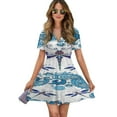 thumbnail image 1 of Dragonfly Print Women Dress V-Neck Short Sleeve Flowy Swing Party Midi Dress, 1 of 4