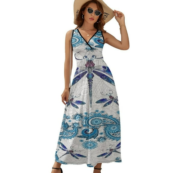 Dragonfly Print Womens Night Club Maxi Dress V Neck Sleeveless Bohemia Long Dresses