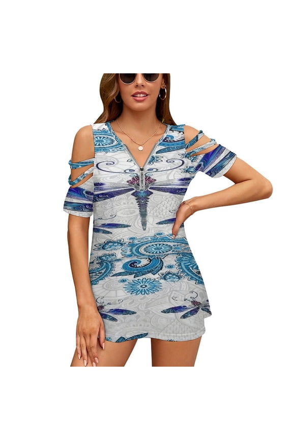 Dragonfly Print Womens Summer V Neck Zipper Top Short Sleeve T Shirt Off Shoulder Top Casual Classy Loose Shirts