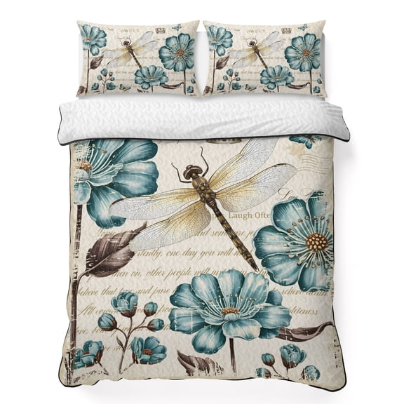 Dragonfly Queen Quilt Bedding Set, Art Teal Floral Blooming Wildflowers Retro Paper Texture Lightweight Comforter with 2 Pillow Shams Bedroom Bedspread Set Home Decor for All Seasons