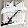 thumbnail image 1 of Dragonfly Queen Size Duvet Cover Set, Branch of a Pink Cherry Blossom Sakura Tree Bud and A Dragonfly Dramatic Artisan, Decorative 3 Piece Bedding Set with 2 Pillow Shams, Pink Black, by Ambesonne, 1 of 3