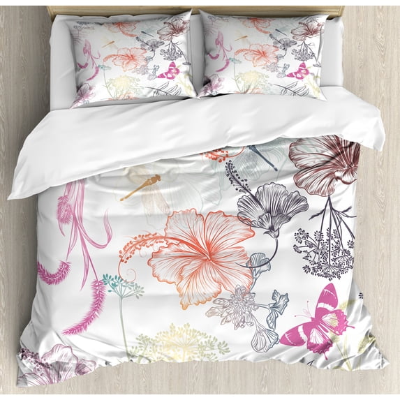 Dragonfly Queen Size Duvet Cover Set, Floral Design Hibiscus Ornaments Moth and Dragonfly Symbolic Transformation Creature, Decorative 3 Piece Bedding Set with 2 Pillow Shams, Multi, by Ambesonne