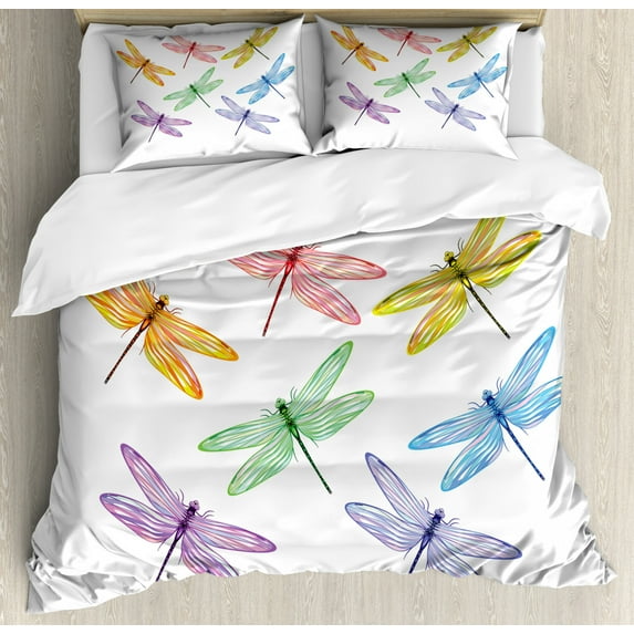 Dragonfly Queen Size Duvet Cover Set, Illustration of Fantasy Bugs with Colorful Striped Spring Season Wings Pattern, Decorative 3 Piece Bedding Set with 2 Pillow Shams, Multicolor, by Ambesonne