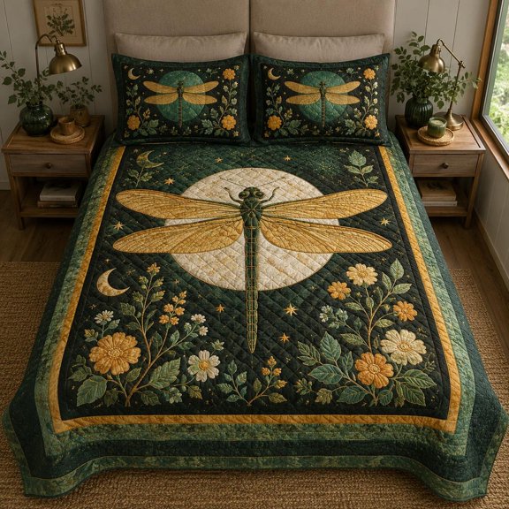 Dragonfly Quilted Bedding Set, Green Botanical Quilt, Celestial Moon Floral Bedspread, Cottagecore Bedroom Decor, Nature Lover Gift