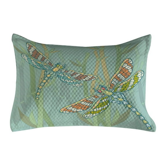 Dragonfly Quilted Pillowcover, Doodle Style Giant Dragonfly on Lake Bushes Nature Exotic Picture Art, Standard King Size Accent Pillow Cover for Bedroom, 36" x 20", Almond Green, by Ambesonne