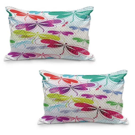 Dragonfly Quilted Pillowcover Set of 2, Modern Dragonfly and Floral Pattern Hydrangea Petals Like Fireworks Colorful Art, Standard Queen Size Pillow Cover Bedroom, 30" x 20", Multicolor, by Ambesonne